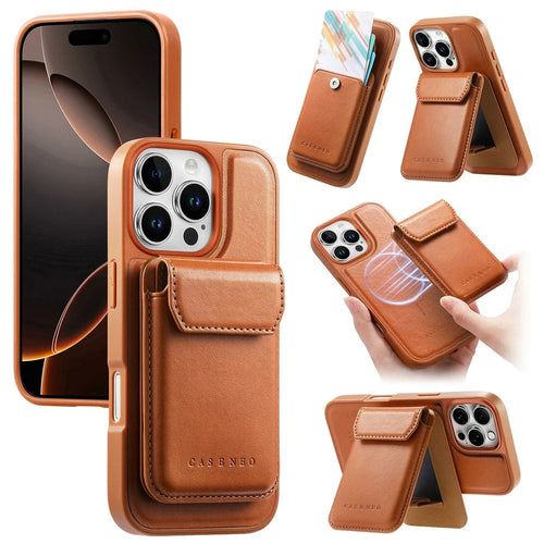 CASENEO For iPhone 16 Pro Magnetic Case PU Leather PC Phone Cover with Detachable Card Holder Kickstand Compatible with MagSafe - Brown - 1