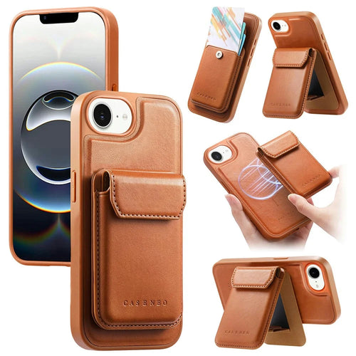 CASENEO For iPhone 17e / 16e Magnetic Case PU Leather PC Phone Cover with Detachable Card Holder Kickstand Compatible with MagSafe - Brown - 1