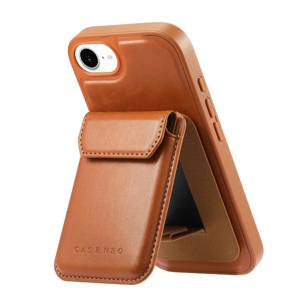 CASENEO For iPhone 17e / 16e Magnetic Case PU Leather PC Phone Cover with Detachable Card Holder Kickstand Compatible with MagSafe - Brown - 2