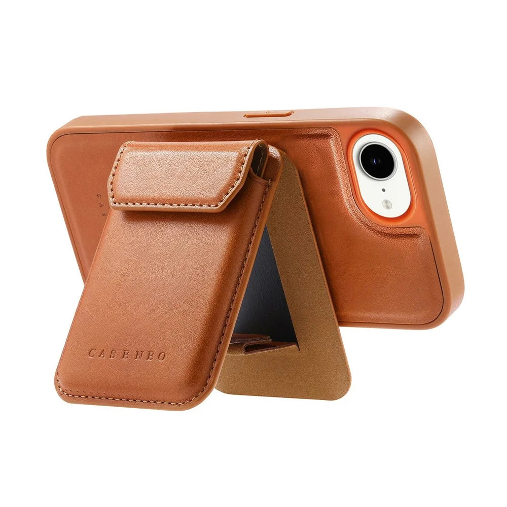 CASENEO For iPhone 17e / 16e Magnetic Case PU Leather PC Phone Cover with Detachable Card Holder Kickstand Compatible with MagSafe - Brown - 3