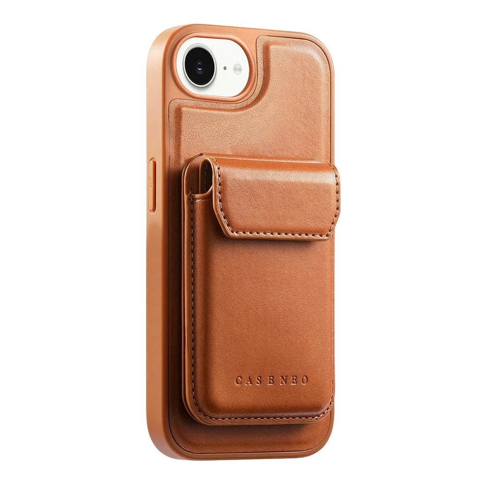 CASENEO For iPhone 17e / 16e Magnetic Case PU Leather PC Phone Cover with Detachable Card Holder Kickstand Compatible with MagSafe - Brown - 5