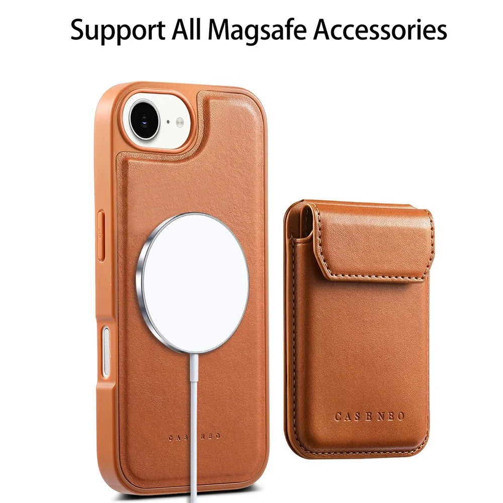 CASENEO For iPhone 17e / 16e Magnetic Case PU Leather PC Phone Cover with Detachable Card Holder Kickstand Compatible with MagSafe - Brown - 6