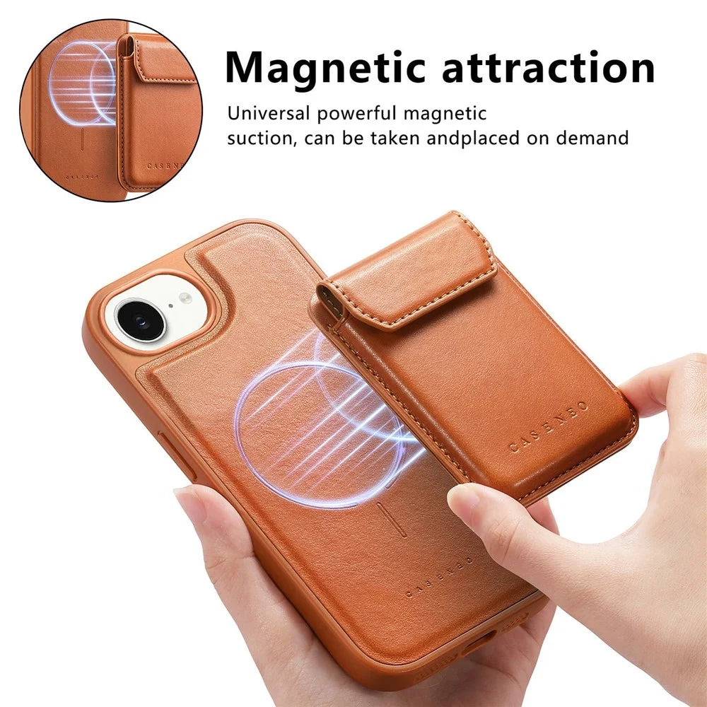 CASENEO For iPhone 17e / 16e Magnetic Case PU Leather PC Phone Cover with Detachable Card Holder Kickstand Compatible with MagSafe - Brown - 7