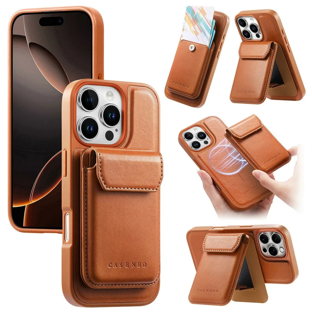 CASENEO For iPhone 16 Pro Max Magnetic Case PU Leather PC Phone Cover with Detachable Card Holder Kickstand Compatible with MagSafe - Brown - 1
