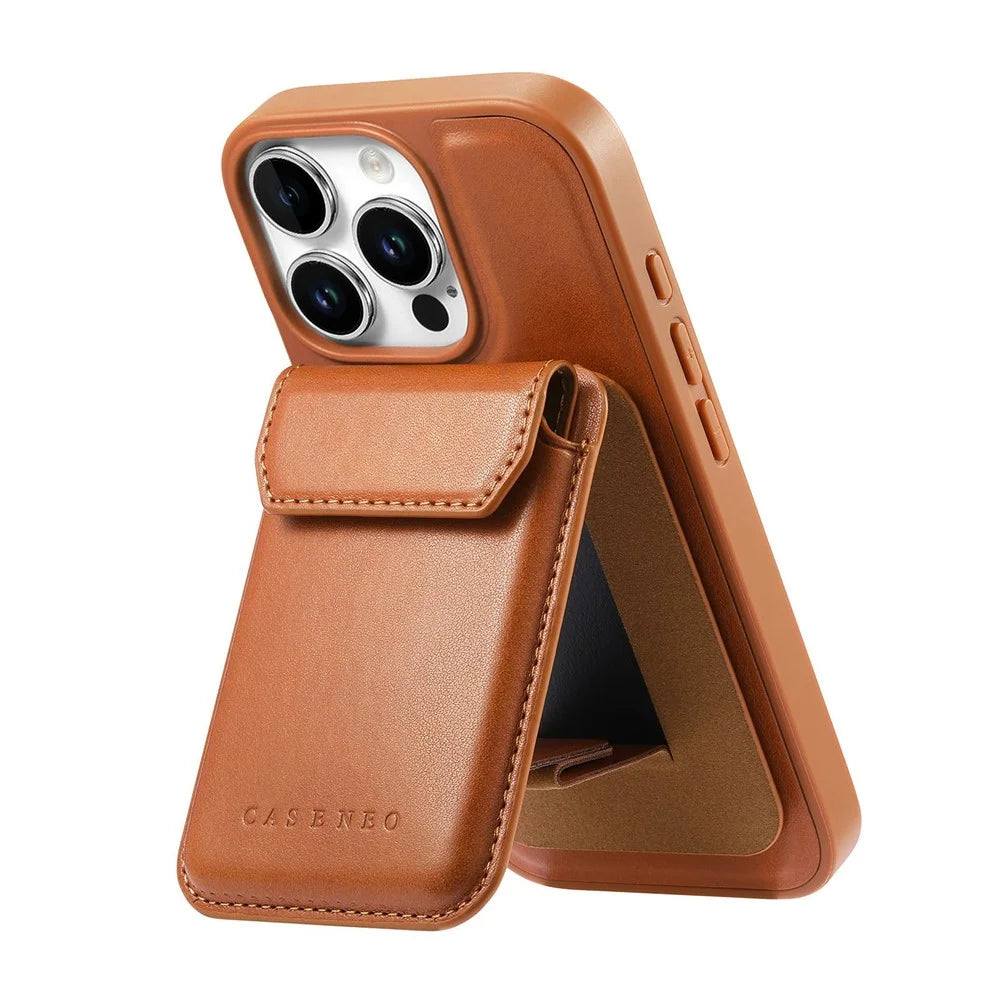 CASENEO For iPhone 16 Pro Max Magnetic Case PU Leather PC Phone Cover with Detachable Card Holder Kickstand Compatible with MagSafe - Brown - 2