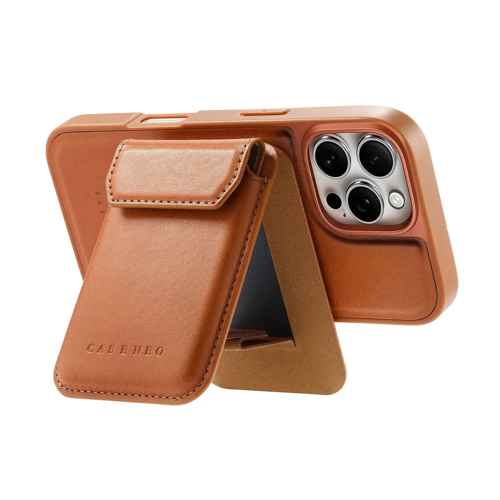 CASENEO For iPhone 16 Pro Max Magnetic Case PU Leather PC Phone Cover with Detachable Card Holder Kickstand Compatible with MagSafe - Brown - 3