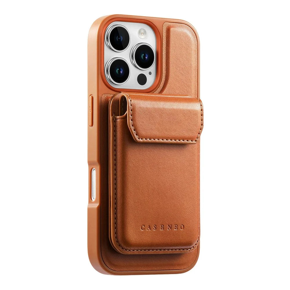 CASENEO For iPhone 16 Pro Max Magnetic Case PU Leather PC Phone Cover with Detachable Card Holder Kickstand Compatible with MagSafe - Brown - 5