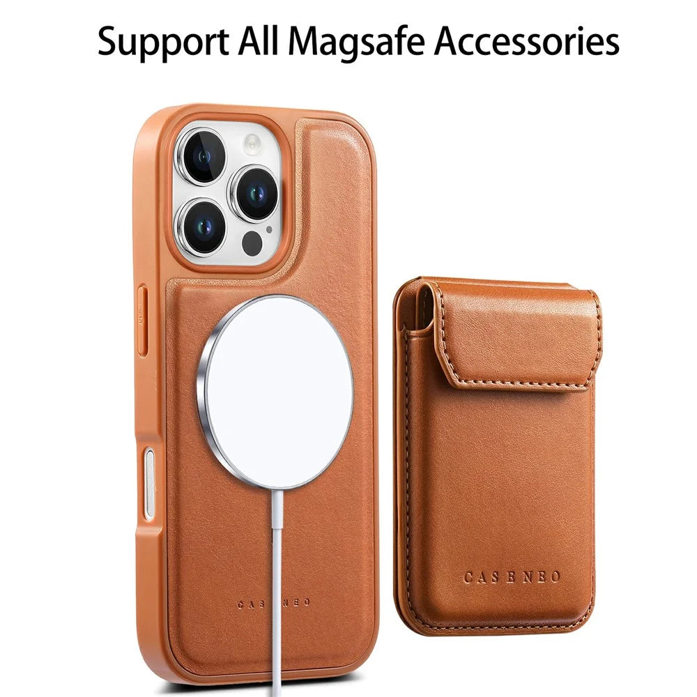 CASENEO For iPhone 16 Pro Max Magnetic Case PU Leather PC Phone Cover with Detachable Card Holder Kickstand Compatible with MagSafe - Brown - 6