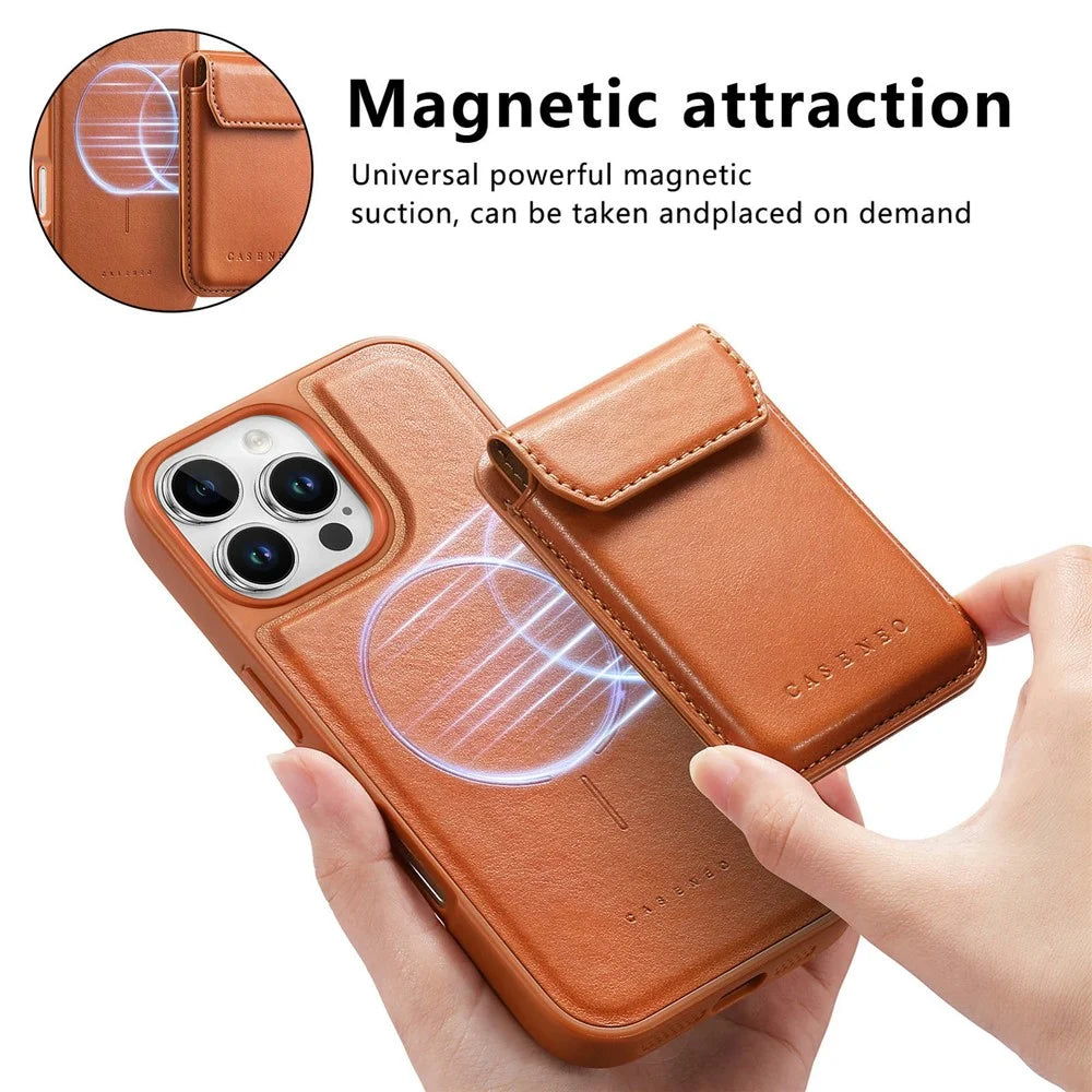 CASENEO For iPhone 16 Pro Max Magnetic Case PU Leather PC Phone Cover with Detachable Card Holder Kickstand Compatible with MagSafe - Brown - 7