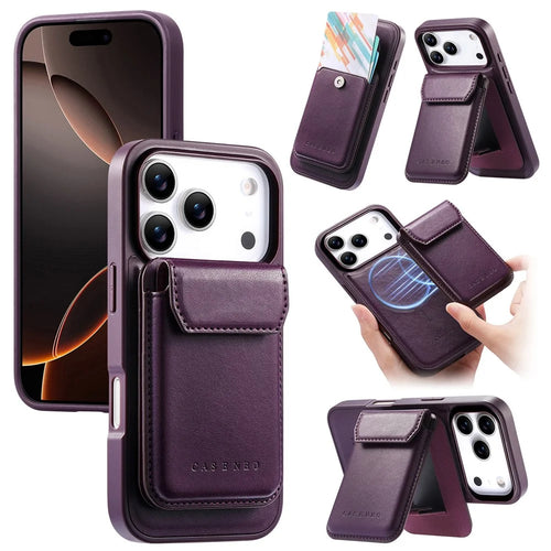 CASENEO For iPhone 18 Pro / 17 Pro Magnetic Case PU Leather PC Phone Cover with Detachable Card Holder Kickstand Compatible with MagSafe - Purple - 1