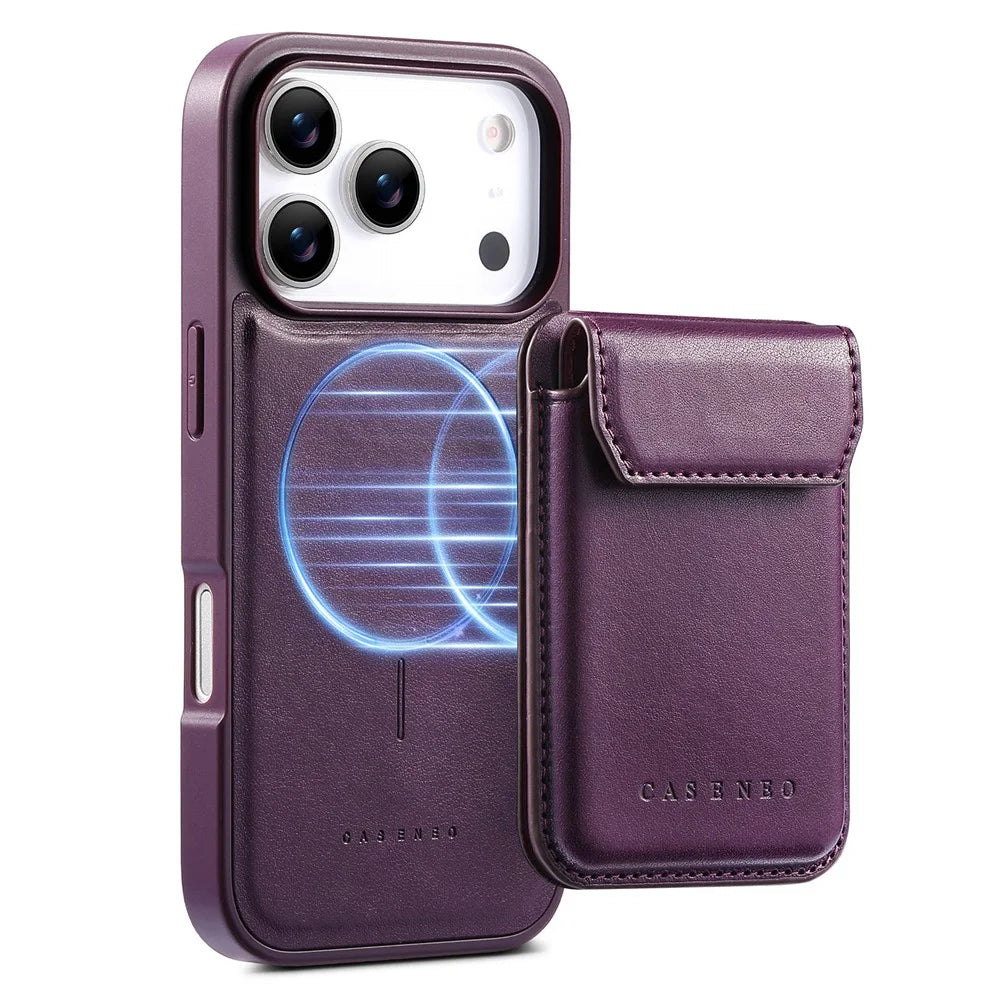 CASENEO For iPhone 18 Pro / 17 Pro Magnetic Case PU Leather PC Phone Cover with Detachable Card Holder Kickstand Compatible with MagSafe - Purple - 4