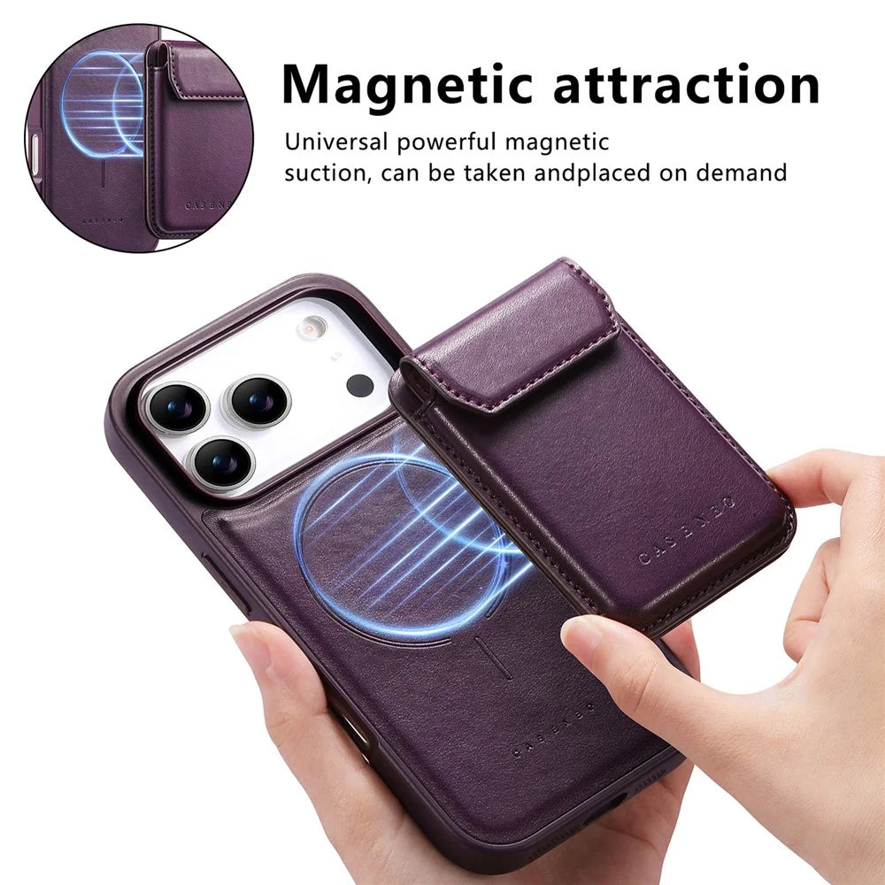 CASENEO For iPhone 18 Pro / 17 Pro Magnetic Case PU Leather PC Phone Cover with Detachable Card Holder Kickstand Compatible with MagSafe - Purple - 5