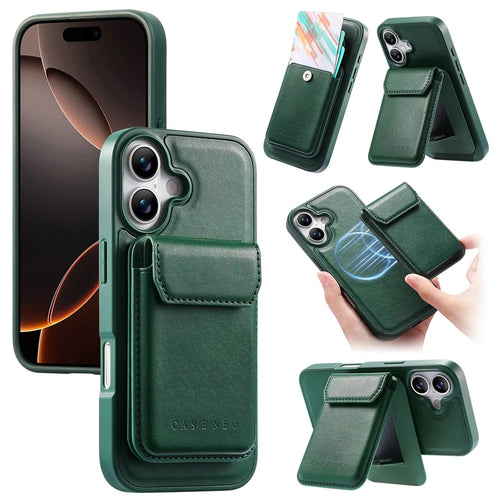 CASENEO For iPhone 17 Magnetic Case PU Leather PC Phone Cover with Detachable Card Holder Kickstand Compatible with MagSafe - Green - 1