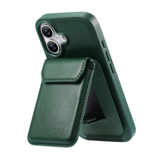CASENEO For iPhone 17 Magnetic Case PU Leather PC Phone Cover with Detachable Card Holder Kickstand Compatible with MagSafe - Green - 2