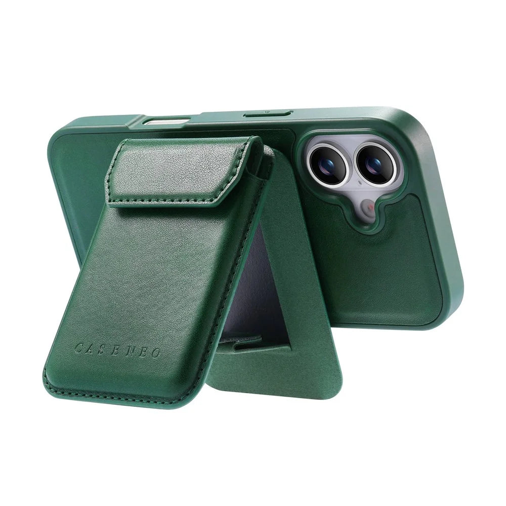 CASENEO For iPhone 17 Magnetic Case PU Leather PC Phone Cover with Detachable Card Holder Kickstand Compatible with MagSafe - Green - 3