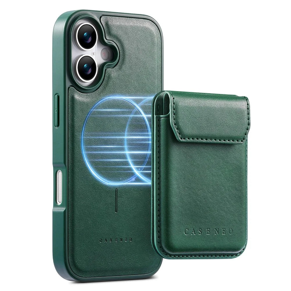 CASENEO For iPhone 17 Magnetic Case PU Leather PC Phone Cover with Detachable Card Holder Kickstand Compatible with MagSafe - Green - 4