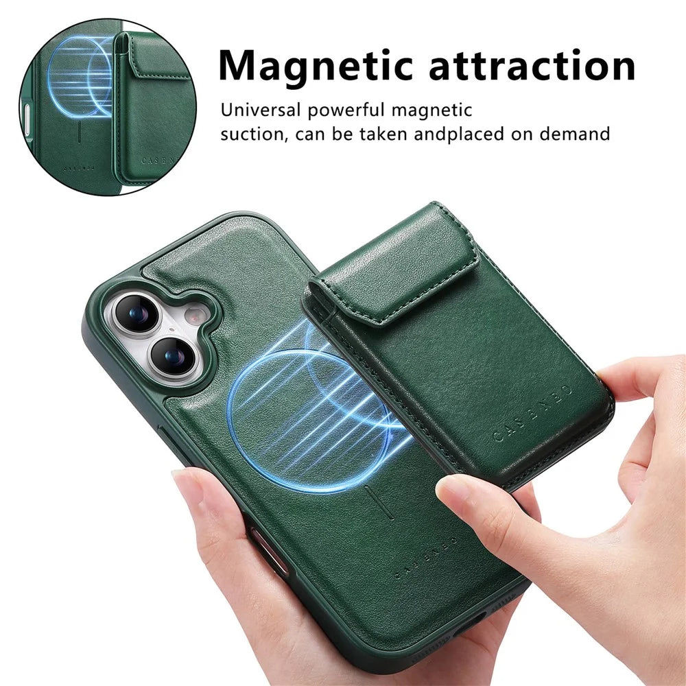CASENEO For iPhone 17 Magnetic Case PU Leather PC Phone Cover with Detachable Card Holder Kickstand Compatible with MagSafe - Green - 5