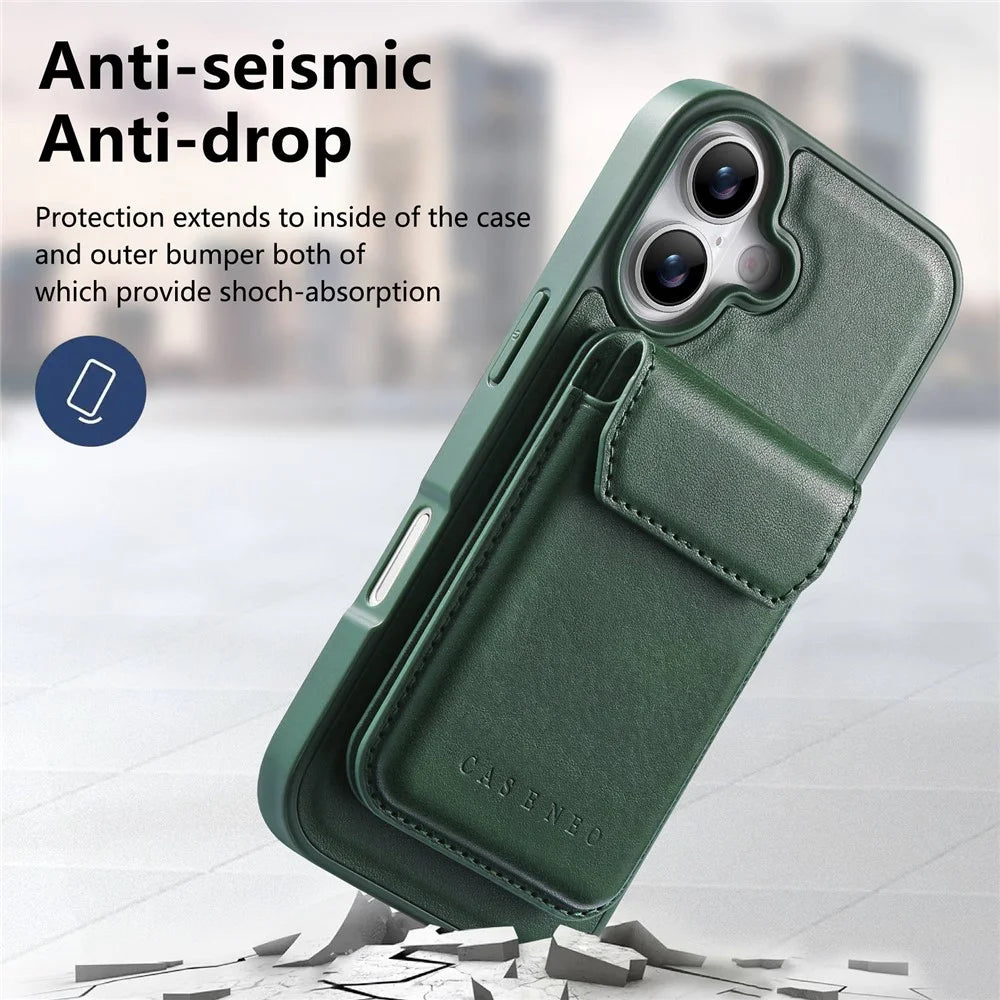CASENEO For iPhone 17 Magnetic Case PU Leather PC Phone Cover with Detachable Card Holder Kickstand Compatible with MagSafe - Green - 6