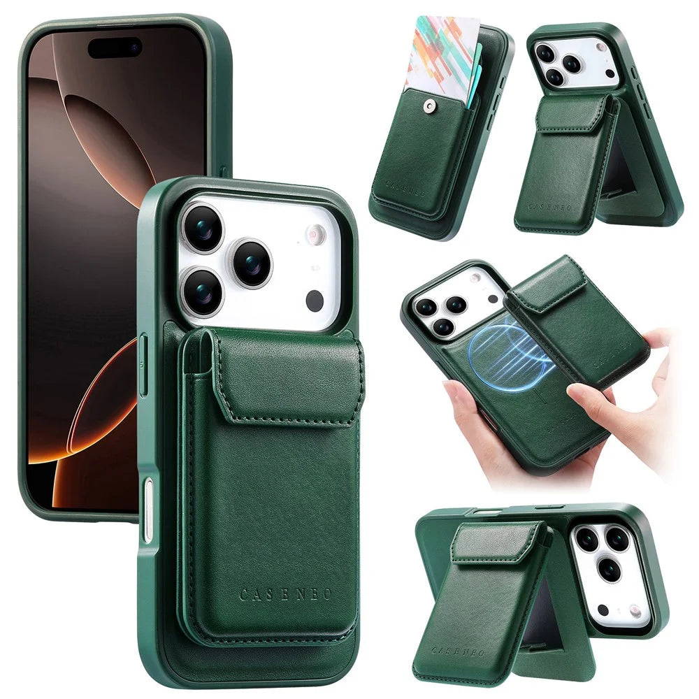 CASENEO For iPhone 18 Pro Max / 17 Pro Max Magnetic Case PU Leather PC Phone Cover with Detachable Card Holder Kickstand Compatible with MagSafe - Green - 1