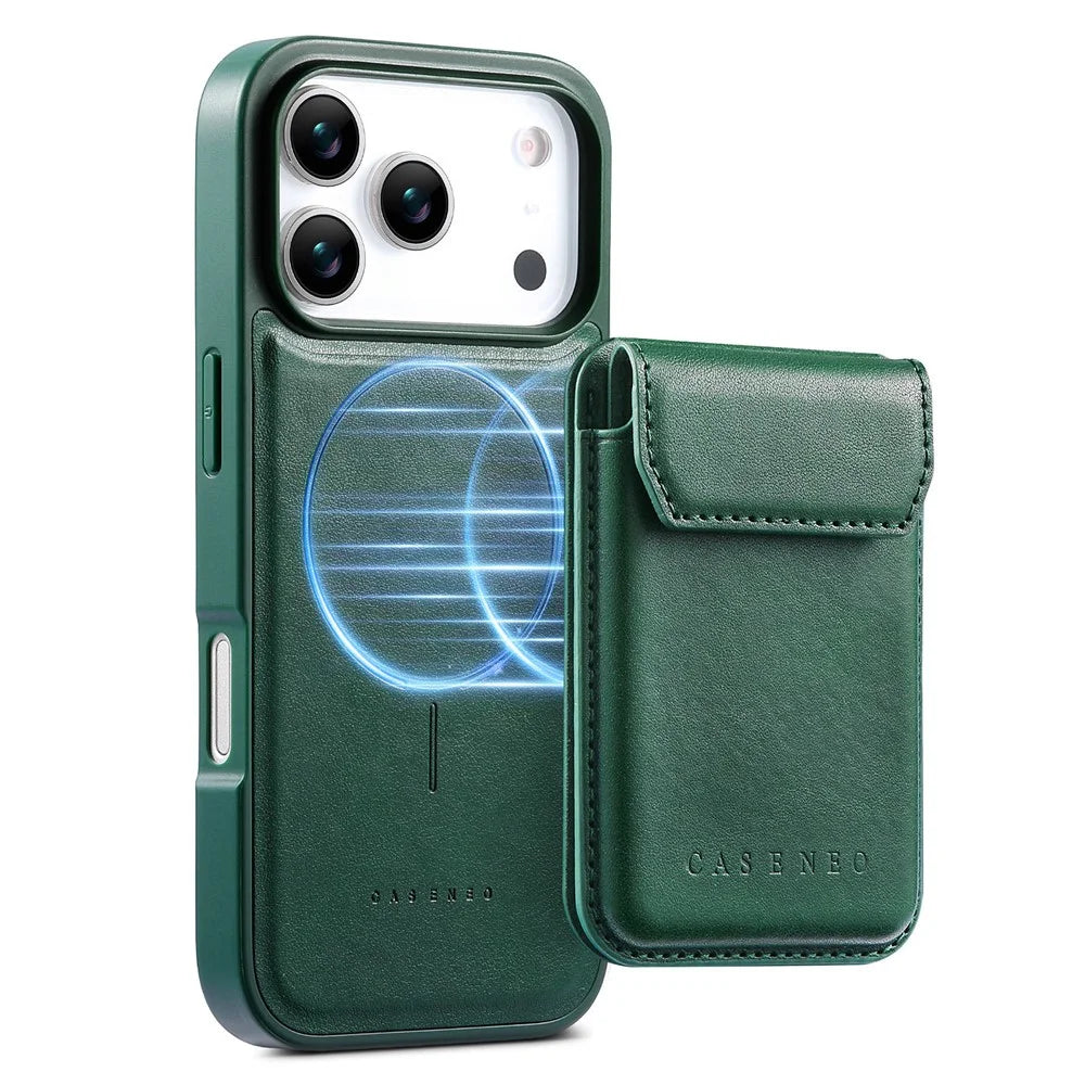 CASENEO For iPhone 18 Pro Max / 17 Pro Max Magnetic Case PU Leather PC Phone Cover with Detachable Card Holder Kickstand Compatible with MagSafe - Green - 4