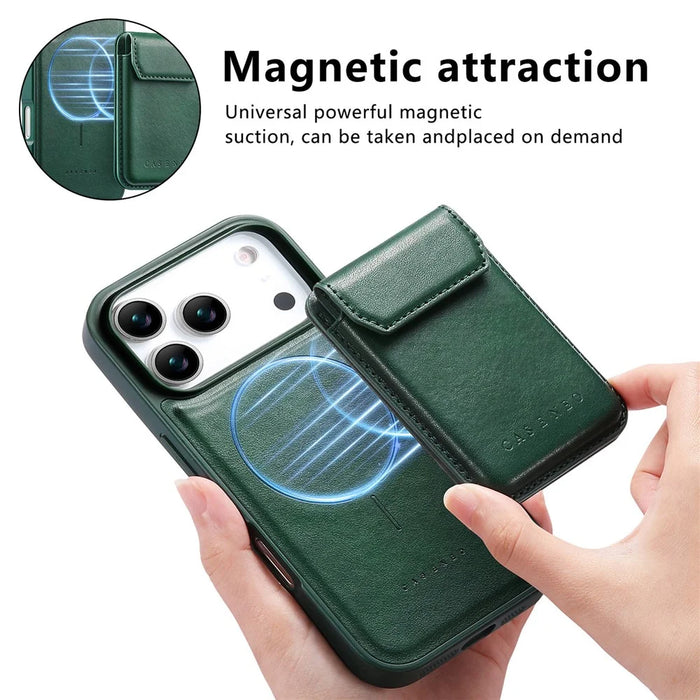 CASENEO For iPhone 18 Pro Max / 17 Pro Max Magnetic Case PU Leather PC Phone Cover with Detachable Card Holder Kickstand Compatible with MagSafe - Green - 5