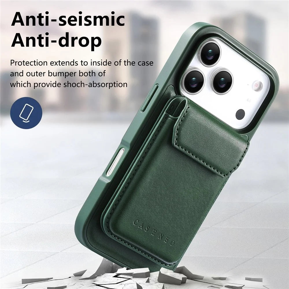 CASENEO For iPhone 18 Pro Max / 17 Pro Max Magnetic Case PU Leather PC Phone Cover with Detachable Card Holder Kickstand Compatible with MagSafe - Green - 6