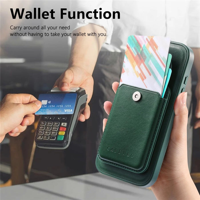 CASENEO For iPhone 18 Pro Max / 17 Pro Max Magnetic Case PU Leather PC Phone Cover with Detachable Card Holder Kickstand Compatible with MagSafe - Green - 7