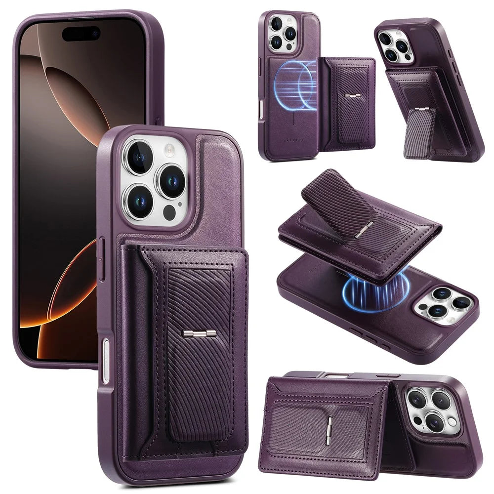 CASENEO For iPhone 16 Pro Max Detachable Magnetic Phone Case with Card Holder Kickstand TPU PU Leather PC Phone Cover Compatible with MagSafe - Purple - 1