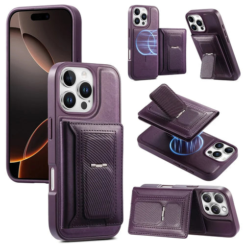 CASENEO For iPhone 16 Pro Max Detachable Magnetic Phone Case with Card Holder Kickstand TPU PU Leather PC Phone Cover Compatible with MagSafe - Purple - 1