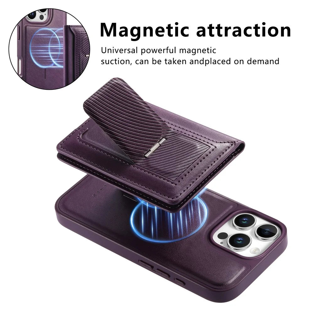 CASENEO For iPhone 16 Pro Max Detachable Magnetic Phone Case with Card Holder Kickstand TPU PU Leather PC Phone Cover Compatible with MagSafe - Purple - 6