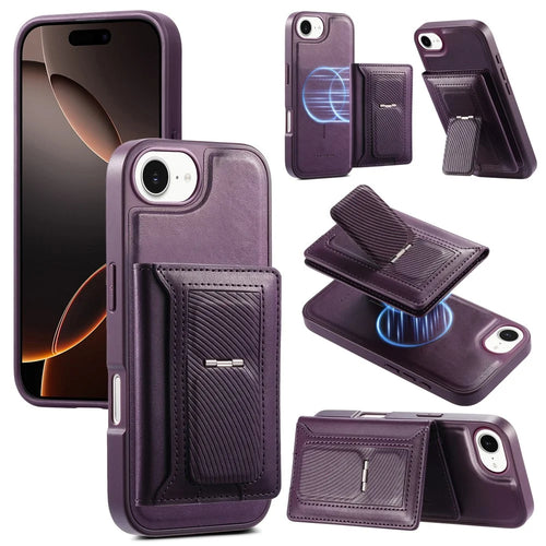 CASENEO For iPhone 17e / 16e Detachable Magnetic Phone Case with Card Holder Kickstand TPU PU Leather PC Phone Cover Compatible with MagSafe - Purple - 1