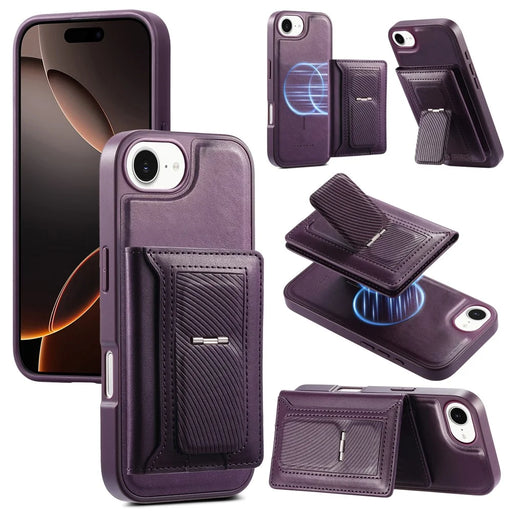 CASENEO For iPhone 17e / 16e Detachable Magnetic Phone Case with Card Holder Kickstand TPU PU Leather PC Phone Cover Compatible with MagSafe - Purple - 1