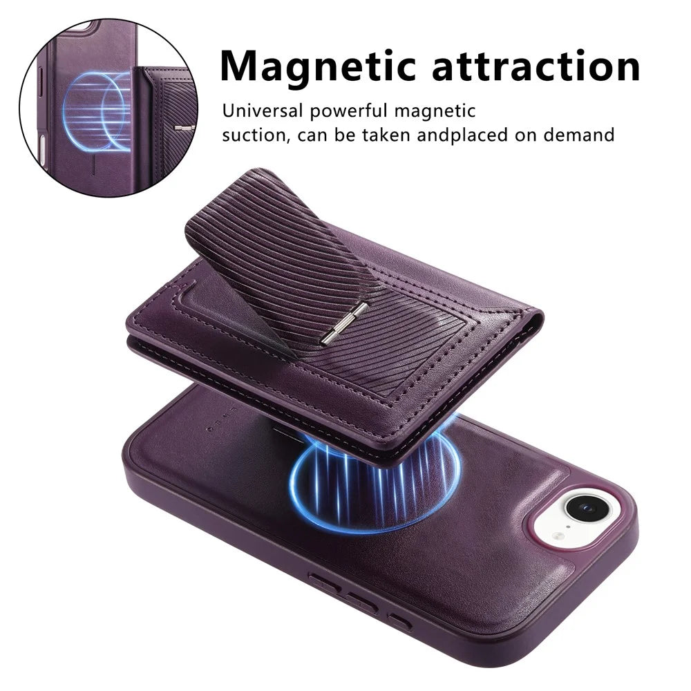 CASENEO For iPhone 17e / 16e Detachable Magnetic Phone Case with Card Holder Kickstand TPU PU Leather PC Phone Cover Compatible with MagSafe - Purple - 6