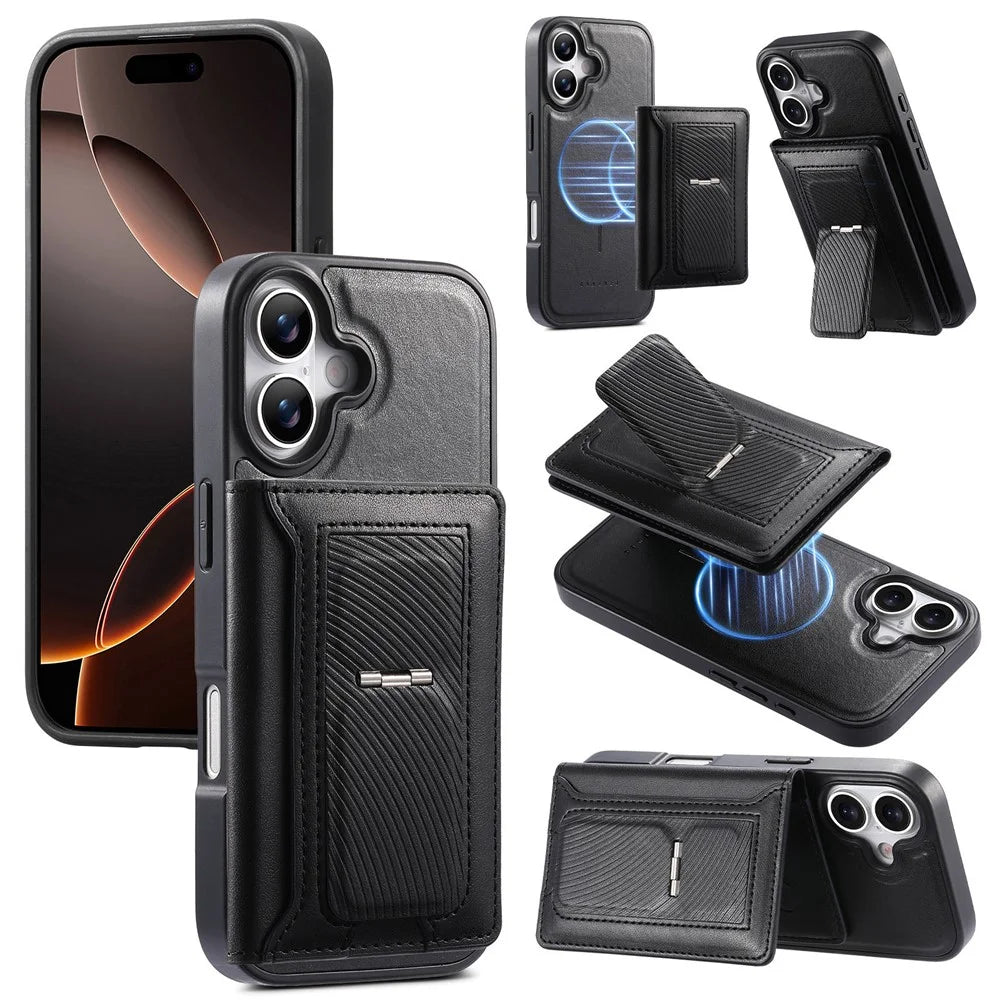 CASENEO For iPhone 17 Detachable Magnetic Phone Case with Card Holder Kickstand TPU PU Leather PC Phone Cover Compatible with MagSafe - Black - 1
