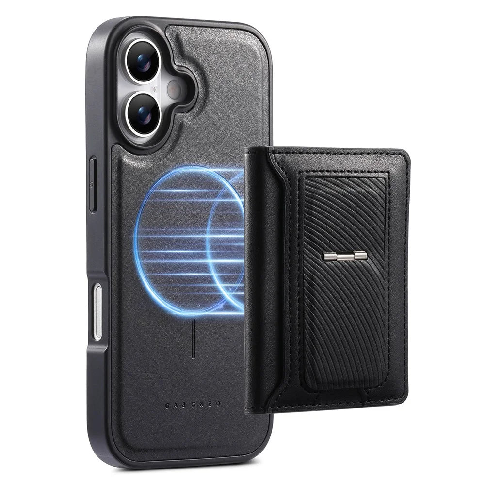 CASENEO For iPhone 17 Detachable Magnetic Phone Case with Card Holder Kickstand TPU PU Leather PC Phone Cover Compatible with MagSafe - Black - 5