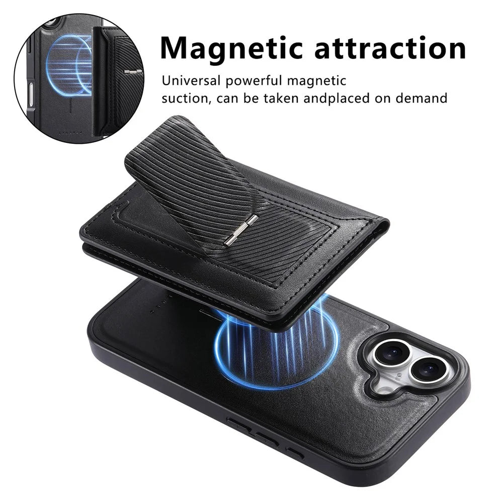 CASENEO For iPhone 17 Detachable Magnetic Phone Case with Card Holder Kickstand TPU PU Leather PC Phone Cover Compatible with MagSafe - Black - 6