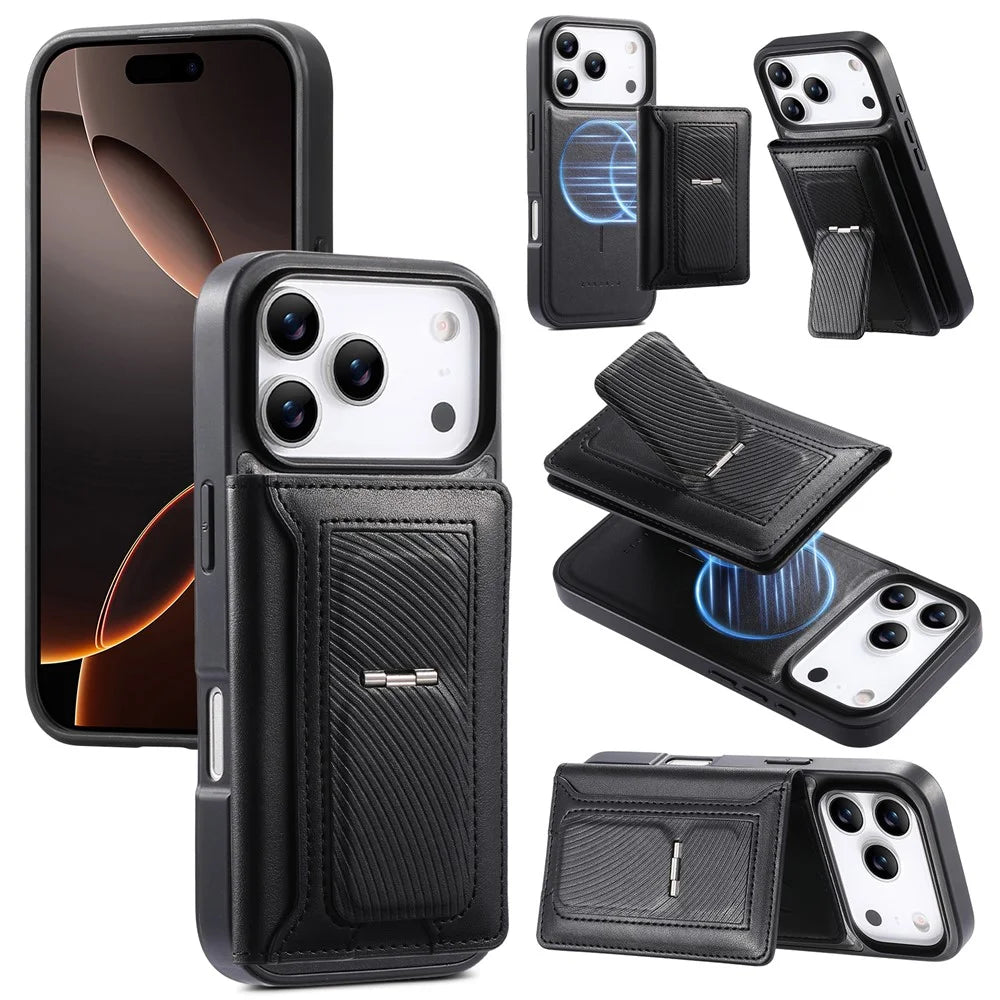 CASENEO For iPhone 18 Pro / 17 Pro Detachable Magnetic Phone Case with Card Holder Kickstand TPU PU Leather PC Phone Cover Compatible with MagSafe - Black - 1