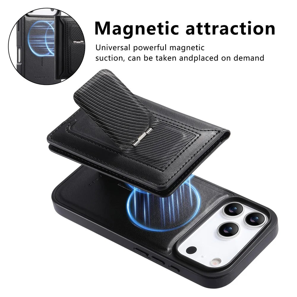 CASENEO For iPhone 18 Pro / 17 Pro Detachable Magnetic Phone Case with Card Holder Kickstand TPU PU Leather PC Phone Cover Compatible with MagSafe - Black - 6