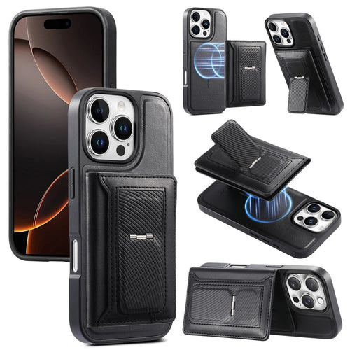 CASENEO For iPhone 16 Pro Detachable Magnetic Phone Case with Card Holder Kickstand TPU PU Leather PC Phone Cover Compatible with MagSafe - Black - 1