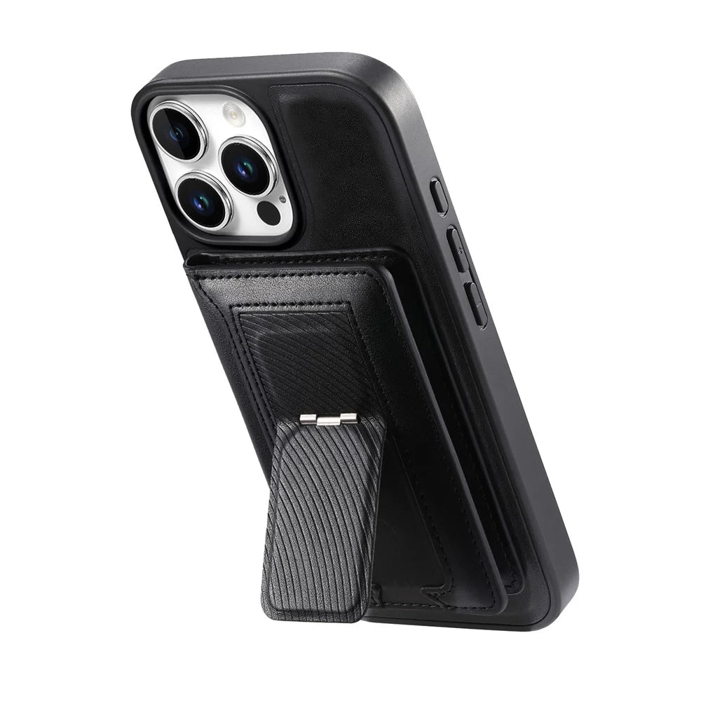 CASENEO For iPhone 16 Pro Detachable Magnetic Phone Case with Card Holder Kickstand TPU PU Leather PC Phone Cover Compatible with MagSafe - Black - 2