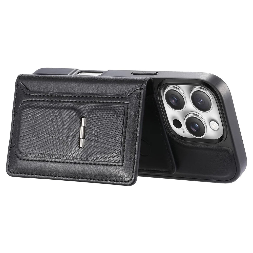 CASENEO For iPhone 16 Pro Detachable Magnetic Phone Case with Card Holder Kickstand TPU PU Leather PC Phone Cover Compatible with MagSafe - Black - 4