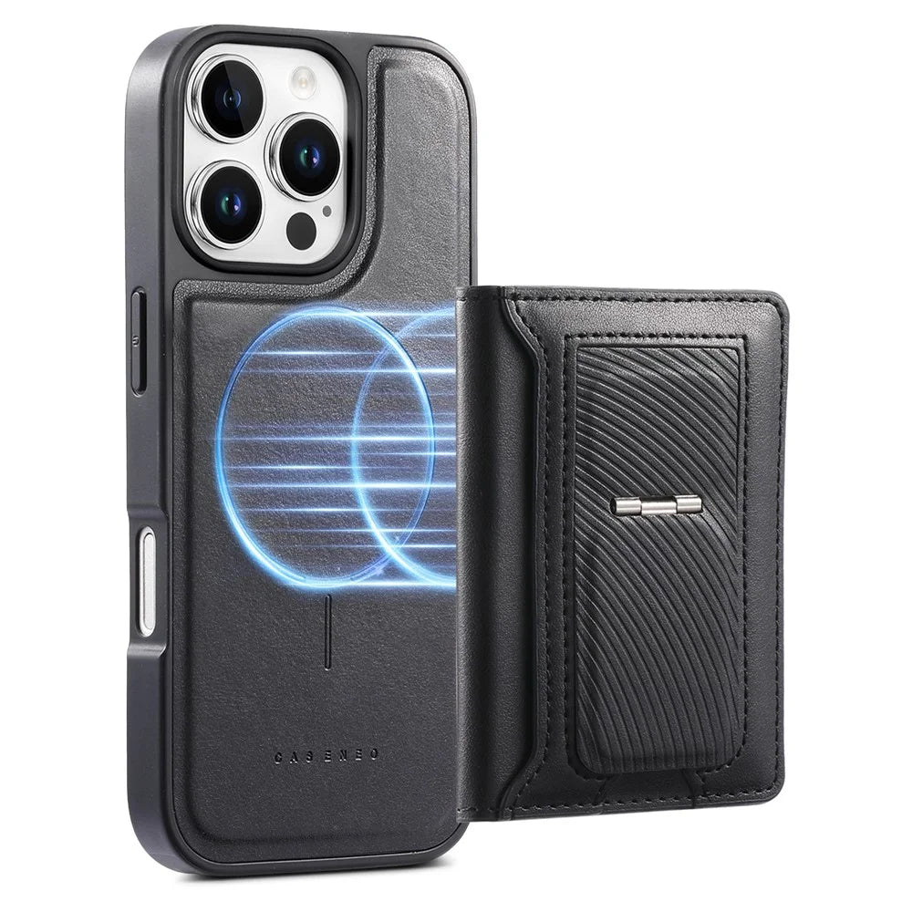 CASENEO For iPhone 16 Pro Detachable Magnetic Phone Case with Card Holder Kickstand TPU PU Leather PC Phone Cover Compatible with MagSafe - Black - 5
