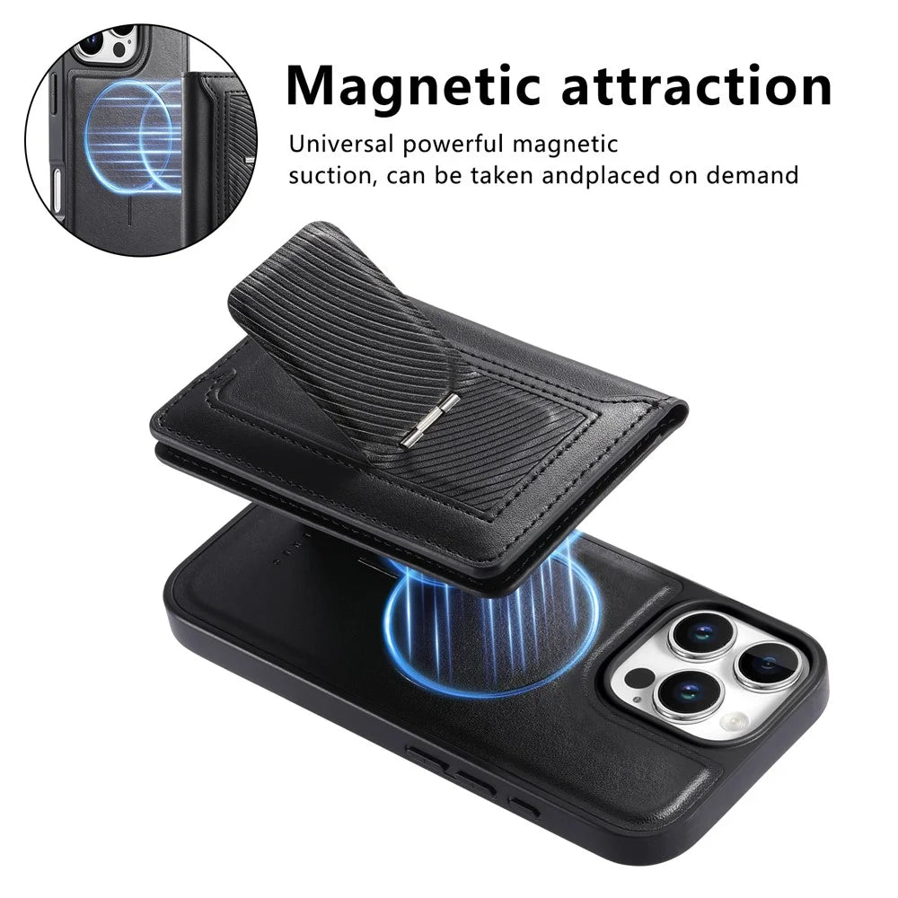 CASENEO For iPhone 16 Pro Detachable Magnetic Phone Case with Card Holder Kickstand TPU PU Leather PC Phone Cover Compatible with MagSafe - Black - 6