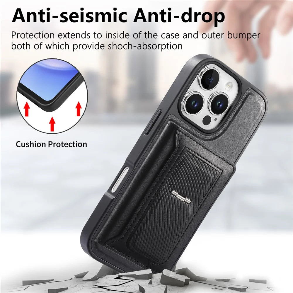 CASENEO For iPhone 16 Pro Detachable Magnetic Phone Case with Card Holder Kickstand TPU PU Leather PC Phone Cover Compatible with MagSafe - Black - 7