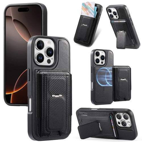 CASENEO For iPhone 16 Pro Max Case with Foldable Kickstand TPU PU Leather PC Card Bag Magnetic Phone Cover Compatible with MagSafe - Black - 1