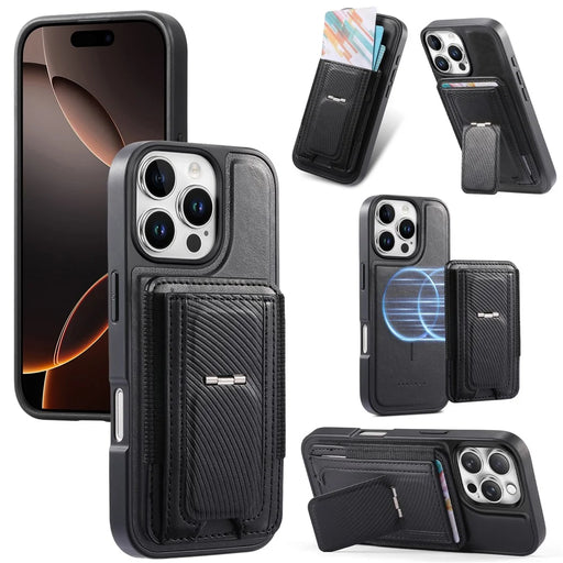 CASENEO For iPhone 16 Pro Max Case with Foldable Kickstand TPU PU Leather PC Card Bag Magnetic Phone Cover Compatible with MagSafe - Black - 1