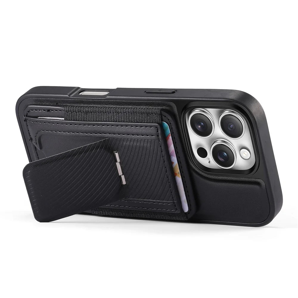 CASENEO For iPhone 16 Pro Max Case with Foldable Kickstand TPU PU Leather PC Card Bag Magnetic Phone Cover Compatible with MagSafe - Black - 3