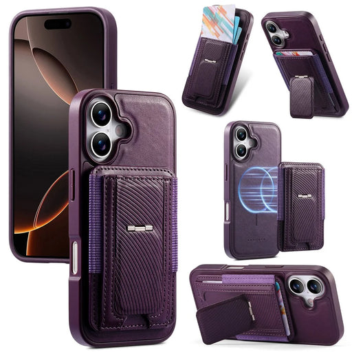 CASENEO For iPhone 17 Case with Foldable Kickstand TPU PU Leather PC Card Bag Magnetic Phone Cover Compatible with MagSafe - Purple - 1