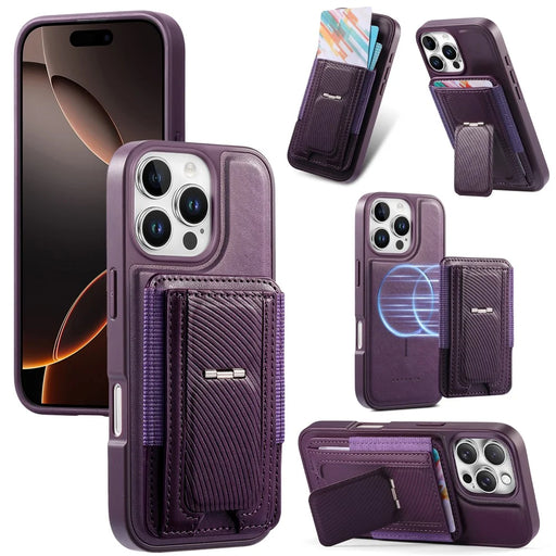 CASENEO For iPhone 16 Pro Case with Foldable Kickstand TPU PU Leather PC Card Bag Magnetic Phone Cover  Compatible with MagSafe - Purple - 1