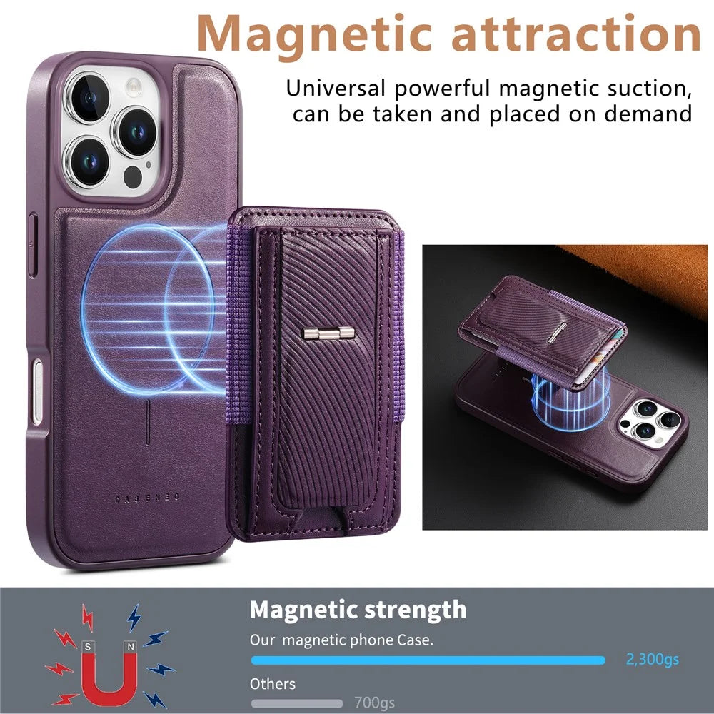 CASENEO For iPhone 16 Pro Case with Foldable Kickstand TPU PU Leather PC Card Bag Magnetic Phone Cover  Compatible with MagSafe - Purple - 6